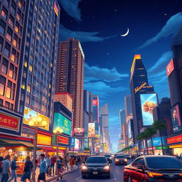 A realistic illustration of a vibrant cityscape at night, featuring tall skyscrapers with illuminated windows and unique architectural designs