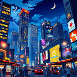 A realistic illustration of a vibrant cityscape at night, featuring tall skyscrapers with illuminated windows and unique architectural designs
