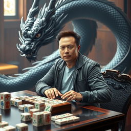 An intriguing scene featuring Elon Musk, sitting confidently at a mahjong table, wearing a casual outfit and displaying a focused expression as he engages in a game