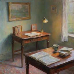 In Claude Monet's impressionistic style, depict the tranquil scene of a study room filled with books, a desk, and a softly lit lamp. Let the vibrant and textured brush strokes enhance the sense of quiet concentration and intellectual exploration.