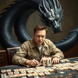 An intriguing scene featuring Elon Musk, sitting confidently at a mahjong table, wearing a casual outfit and displaying a focused expression as he engages in a game