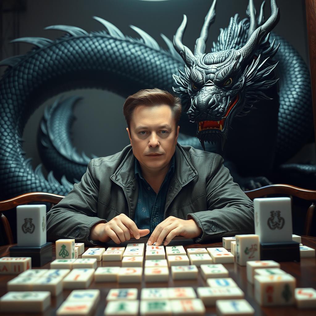 An intriguing scene featuring Elon Musk, sitting confidently at a mahjong table, wearing a casual outfit and displaying a focused expression as he engages in a game