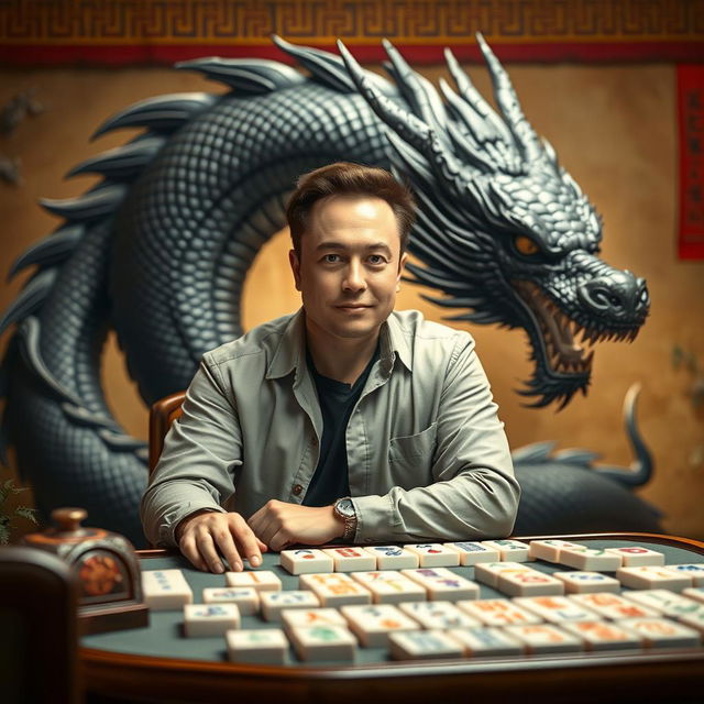 An intriguing scene featuring Elon Musk, sitting confidently at a mahjong table, wearing a casual outfit and displaying a focused expression as he engages in a game