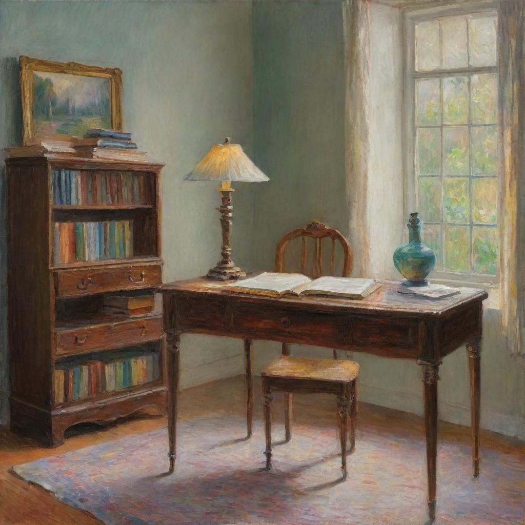 In Claude Monet's impressionistic style, depict the tranquil scene of a study room filled with books, a desk, and a softly lit lamp. Let the vibrant and textured brush strokes enhance the sense of quiet concentration and intellectual exploration.