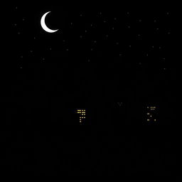 A dark-themed illustration of a cityscape at night, showcasing tall buildings silhouetted against the night sky