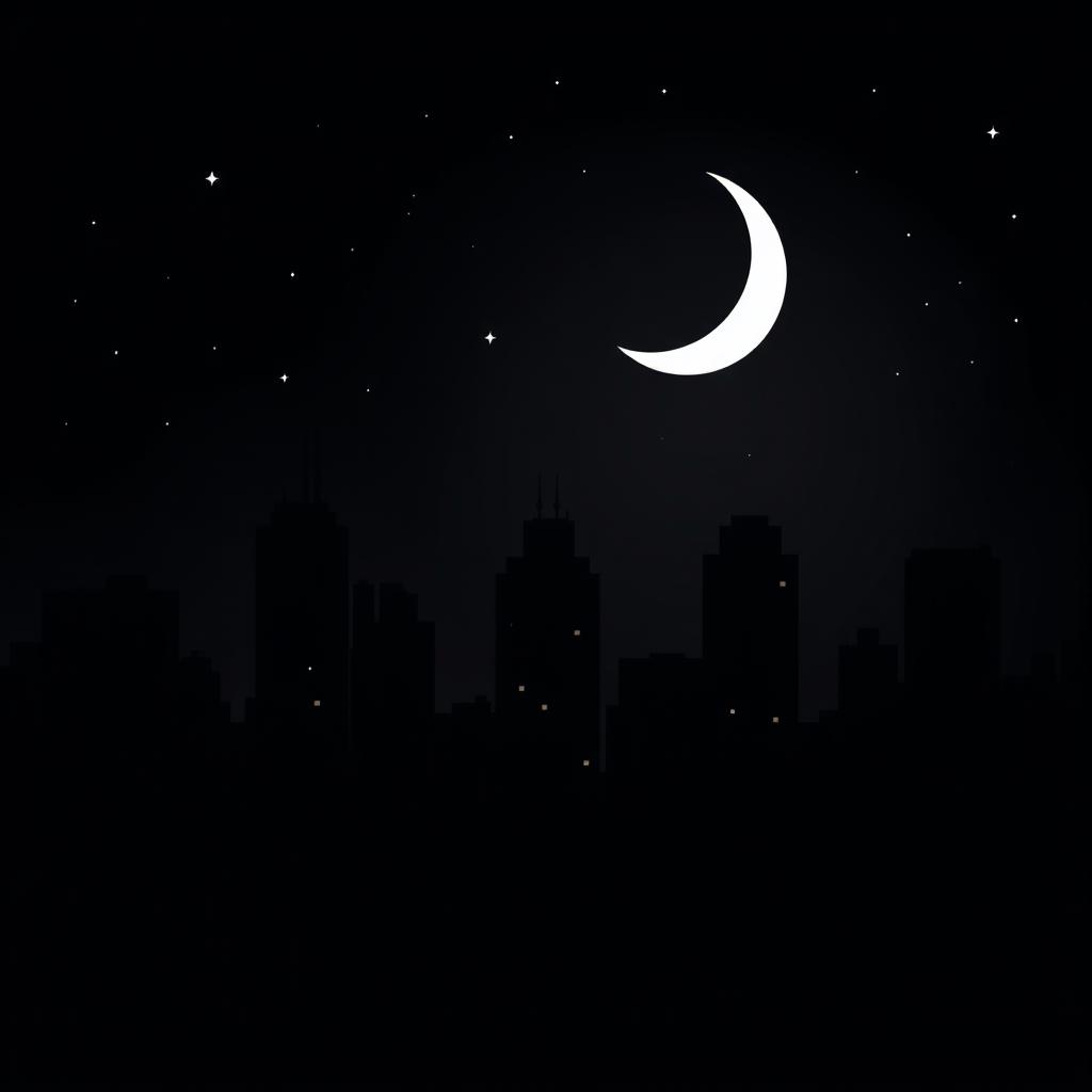 A dark-themed illustration of a cityscape at night, showcasing tall buildings silhouetted against the night sky