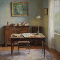 In Claude Monet's impressionistic style, depict the tranquil scene of a study room filled with books, a desk, and a softly lit lamp. Let the vibrant and textured brush strokes enhance the sense of quiet concentration and intellectual exploration.