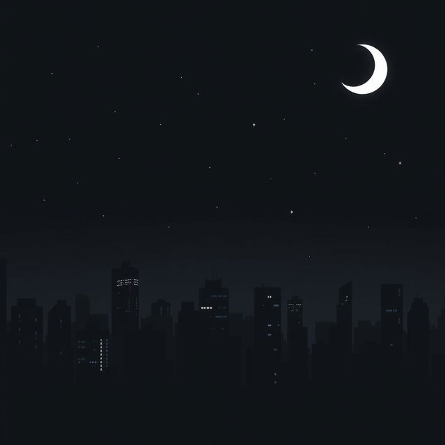 A dark-themed illustration of a cityscape at night, showcasing tall buildings silhouetted against the night sky