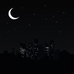 A dark-themed illustration of a cityscape at night, showcasing tall buildings silhouetted against the night sky