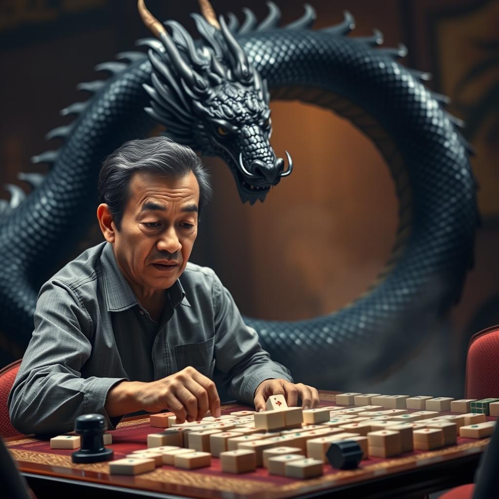 A captivating scene featuring Jokowi, the President of Indonesia, engaged in an intense game of mahjong, wearing a smart casual outfit and displaying concentration and a strategic mindset