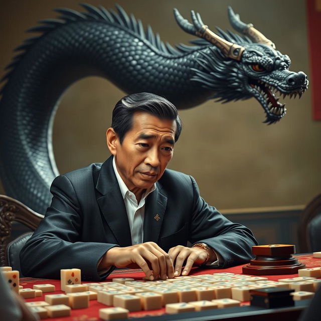 A captivating scene featuring Jokowi, the President of Indonesia, engaged in an intense game of mahjong, wearing a smart casual outfit and displaying concentration and a strategic mindset