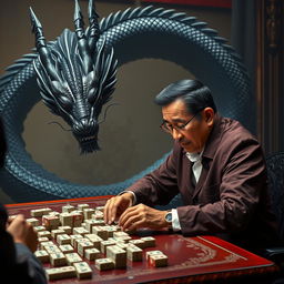 A captivating scene featuring Jokowi, the President of Indonesia, engaged in an intense game of mahjong, wearing a smart casual outfit and displaying concentration and a strategic mindset