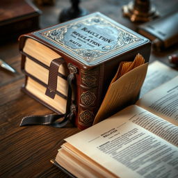 A close-up view of a beautifully designed regulation book, showcasing its leather cover with embossed patterns, intricate golden detailing on the spine, and a textured bookmark peeking out