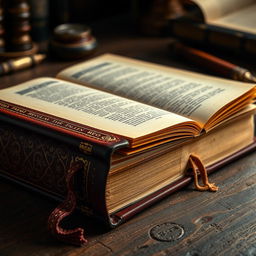 A close-up view of a beautifully designed regulation book, showcasing its leather cover with embossed patterns, intricate golden detailing on the spine, and a textured bookmark peeking out