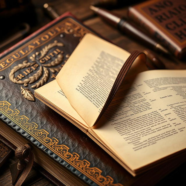 A close-up view of a beautifully designed regulation book, showcasing its leather cover with embossed patterns, intricate golden detailing on the spine, and a textured bookmark peeking out