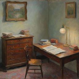 In Claude Monet's impressionistic style, depict the tranquil scene of a study room filled with books, a desk, and a softly lit lamp. Let the vibrant and textured brush strokes enhance the sense of quiet concentration and intellectual exploration.