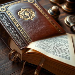 A close-up view of a beautifully designed regulation book, showcasing its leather cover with embossed patterns, intricate golden detailing on the spine, and a textured bookmark peeking out