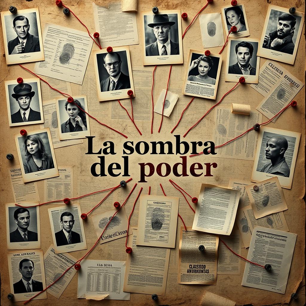 A poster for 'La sombra del poder' focused solely on a police investigation board