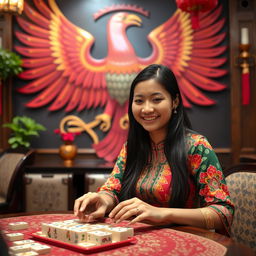 A young Indonesian woman playing mahjong, displaying a joyful expression as she engages in the game