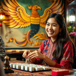 A young Indonesian woman playing mahjong, displaying a joyful expression as she engages in the game