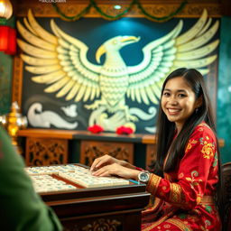 A young Indonesian woman playing mahjong, displaying a joyful expression as she engages in the game