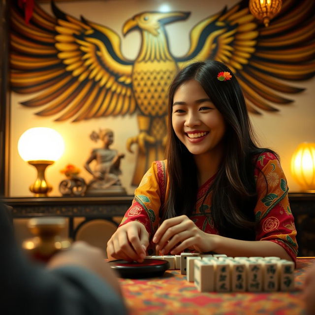 A young Indonesian woman playing mahjong, displaying a joyful expression as she engages in the game