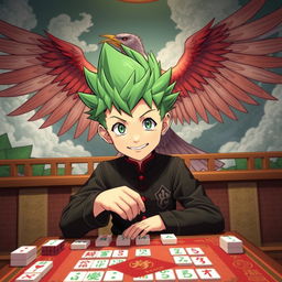 Gon Freecss from Hunter x Hunter, depicted as a young boy with his signature spiky green hair and cheerful demeanor, playing mahjong with a focused expression