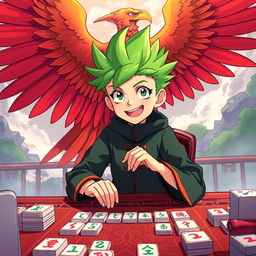 Gon Freecss from Hunter x Hunter, depicted as a young boy with his signature spiky green hair and cheerful demeanor, playing mahjong with a focused expression