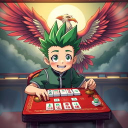 Gon Freecss from Hunter x Hunter, depicted as a young boy with his signature spiky green hair and cheerful demeanor, playing mahjong with a focused expression