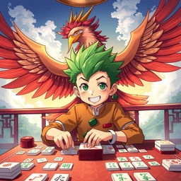 Gon Freecss from Hunter x Hunter, depicted as a young boy with his signature spiky green hair and cheerful demeanor, playing mahjong with a focused expression