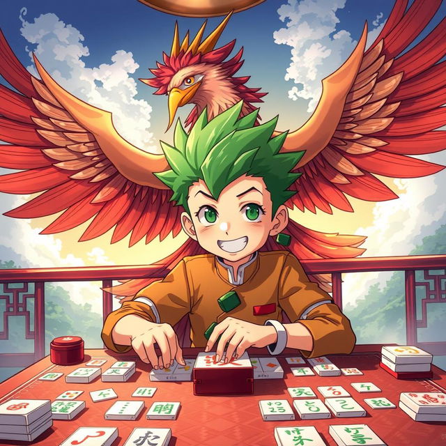 Gon Freecss from Hunter x Hunter, depicted as a young boy with his signature spiky green hair and cheerful demeanor, playing mahjong with a focused expression