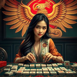 A realistic depiction of a young woman playing mahjong, showcasing a focused and engaged expression