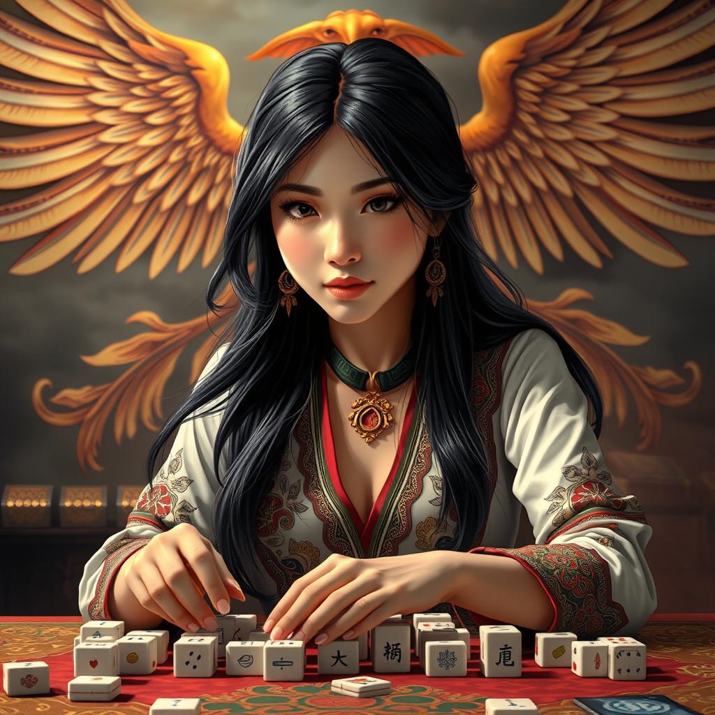 A realistic depiction of a young woman playing mahjong, showcasing a focused and engaged expression