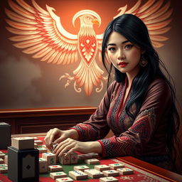 A realistic depiction of a young woman playing mahjong, showcasing a focused and engaged expression