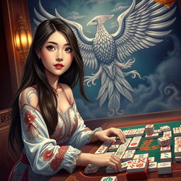 A realistic depiction of a young woman playing mahjong, showcasing a focused and engaged expression