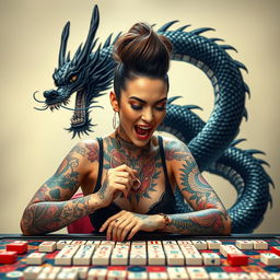 A striking image of a tattooed woman enthusiastically playing mahjong, showcasing her intricate body art that features a blend of colorful designs