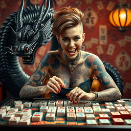 A striking image of a tattooed woman enthusiastically playing mahjong, showcasing her intricate body art that features a blend of colorful designs