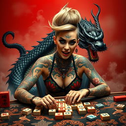 A striking image of a tattooed woman enthusiastically playing mahjong, showcasing her intricate body art that features a blend of colorful designs