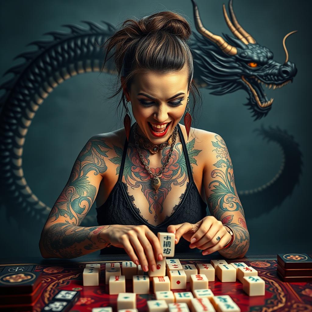 A striking image of a tattooed woman enthusiastically playing mahjong, showcasing her intricate body art that features a blend of colorful designs