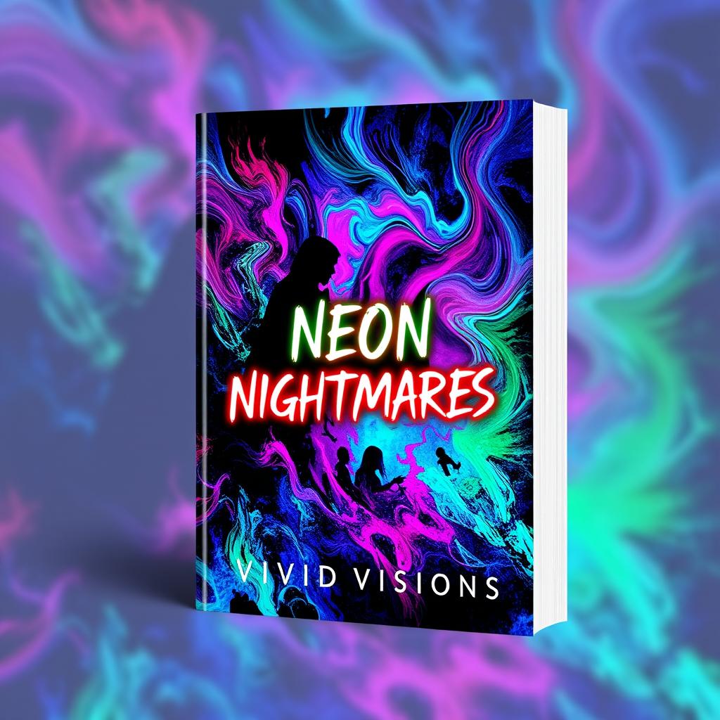 A captivating book cover design for 'Neon Nightmares' by Vivid Visions