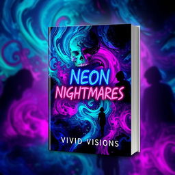 A captivating book cover design for 'Neon Nightmares' by Vivid Visions