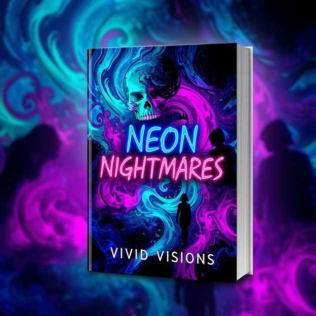 A captivating book cover design for 'Neon Nightmares' by Vivid Visions