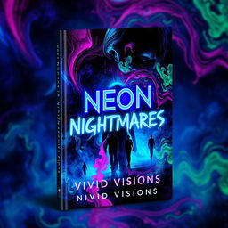 A captivating book cover design for 'Neon Nightmares' by Vivid Visions