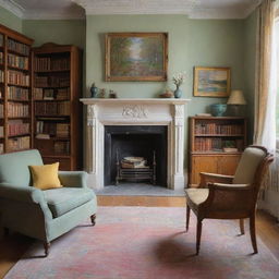 Create an impressionist scene à la Claude Monet of a cozy study room, filled with books and offering a peaceful atmosphere for thought. Missing is the traditional desk, replaced perhaps by comfortable armchairs, all painted in Monet's vibrant and textured strokes.