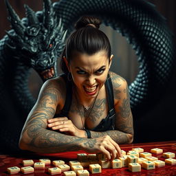 A fierce and intense image of a tattooed girl exhibiting an angry expression while playing mahjong