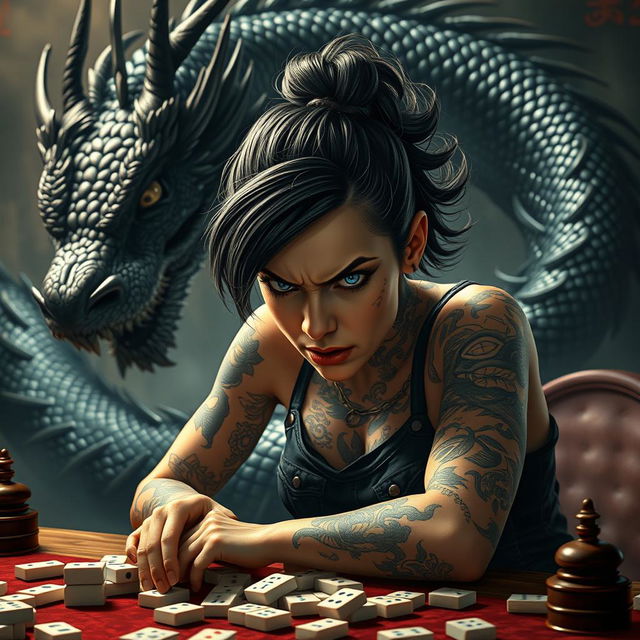 A fierce and intense image of a tattooed girl exhibiting an angry expression while playing mahjong