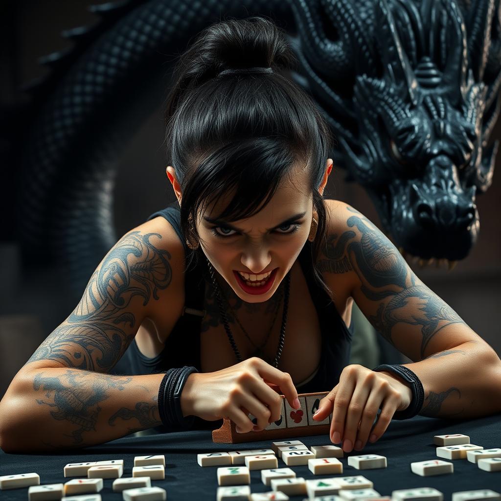 A fierce and intense image of a tattooed girl exhibiting an angry expression while playing mahjong