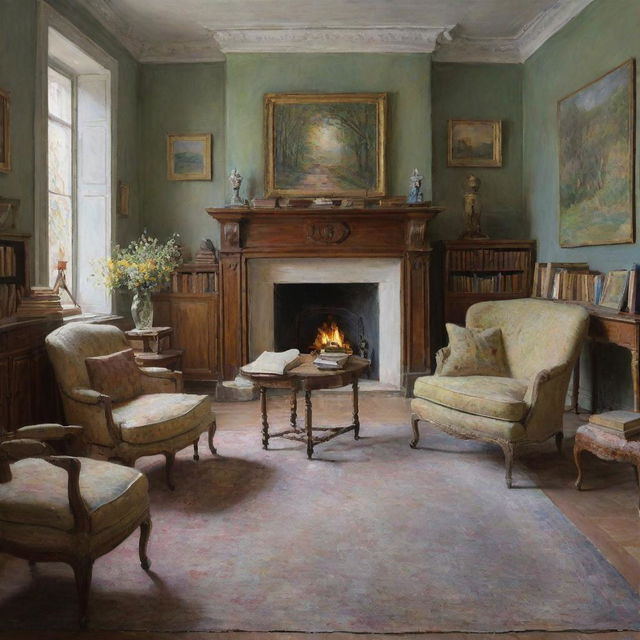 Create an impressionist scene à la Claude Monet of a cozy study room, filled with books and offering a peaceful atmosphere for thought. Missing is the traditional desk, replaced perhaps by comfortable armchairs, all painted in Monet's vibrant and textured strokes.