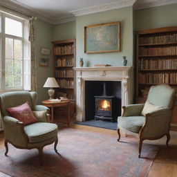 Create an impressionist scene à la Claude Monet of a cozy study room, filled with books and offering a peaceful atmosphere for thought. Missing is the traditional desk, replaced perhaps by comfortable armchairs, all painted in Monet's vibrant and textured strokes.