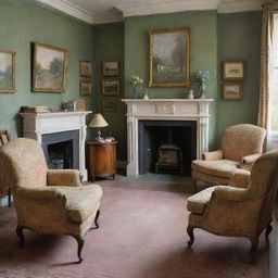 Create an impressionist scene à la Claude Monet of a cozy study room, filled with books and offering a peaceful atmosphere for thought. Missing is the traditional desk, replaced perhaps by comfortable armchairs, all painted in Monet's vibrant and textured strokes.